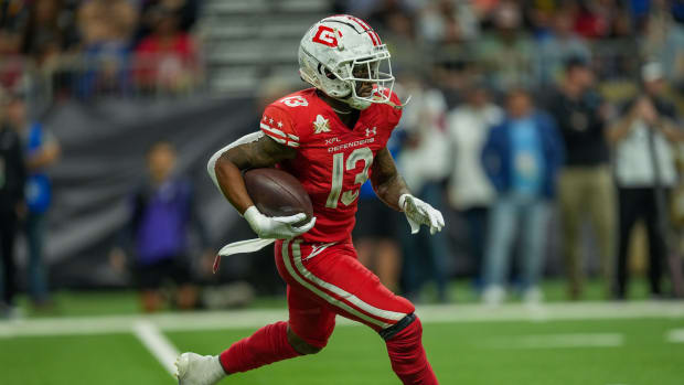 May 13, 2023; San Antonio, TX, USA; DC Defenders running back Pooka William Jr (13) returns a kick in the second half against the DC Defenders at the Alamodome. Mandatory Credit: Daniel Dunn-USA TODAY Sports  